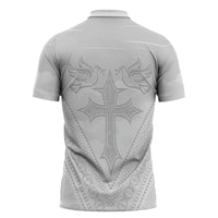 Peniamina Gospel Day Niue Zipper Polo Shirt Cross Dove Hiapo Pattern White LT14 - Polynesian Pride