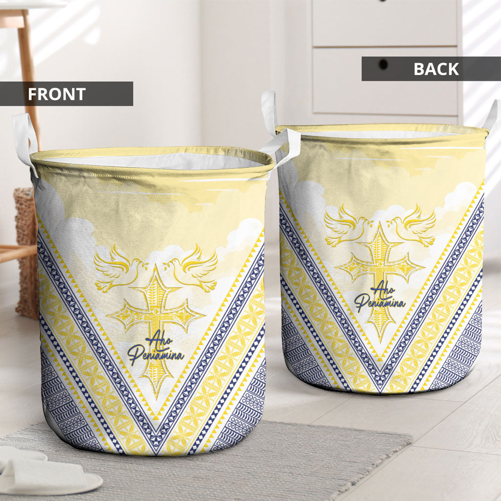 Peniamina Gospel Day Niue Laundry Basket Cross Dove Hiapo Pattern Yellow LT14 - Polynesian Pride