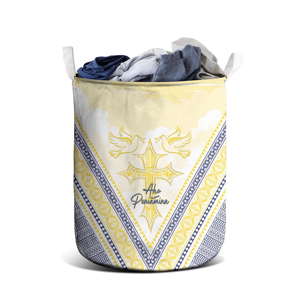Peniamina Gospel Day Niue Laundry Basket Cross Dove Hiapo Pattern Yellow LT14 - Polynesian Pride
