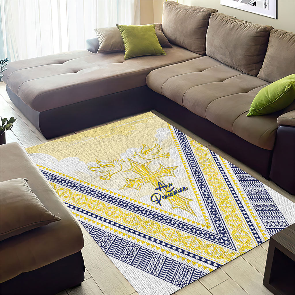 Peniamina Gospel Day Niue Area Rug Cross Dove Hiapo Pattern Yellow LT14 - Polynesian Pride