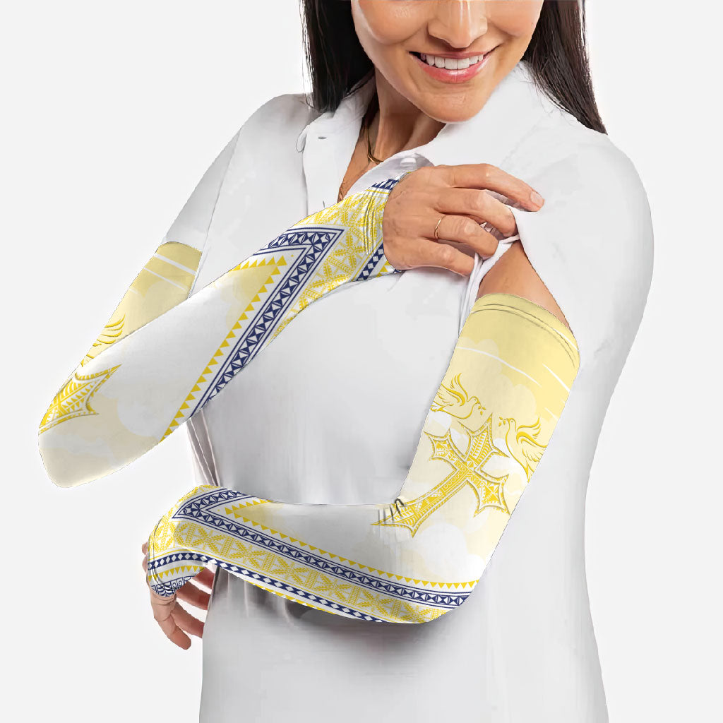 Peniamina Gospel Day Niue Arm Sleeves Cross Dove Hiapo Pattern Yellow LT14 - Polynesian Pride