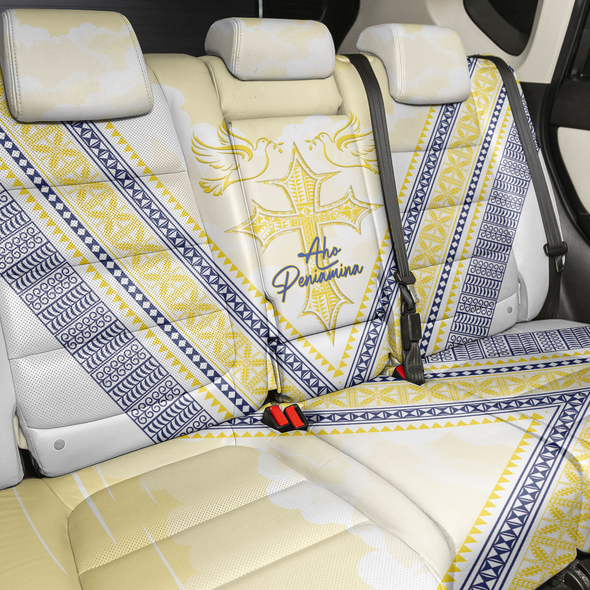Peniamina Gospel Day Niue Back Car Seat Cover Cross Dove Hiapo Pattern Yellow LT14 - Polynesian Pride