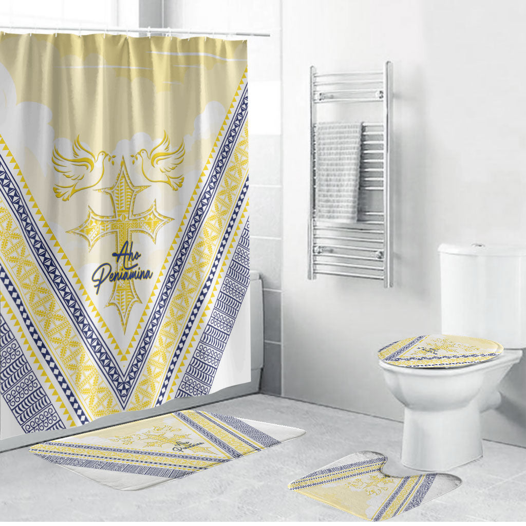 Peniamina Gospel Day Niue Bathroom Set Cross Dove Hiapo Pattern Yellow LT14 Bathroom Set (4 pcs) Yellow - Polynesian Pride