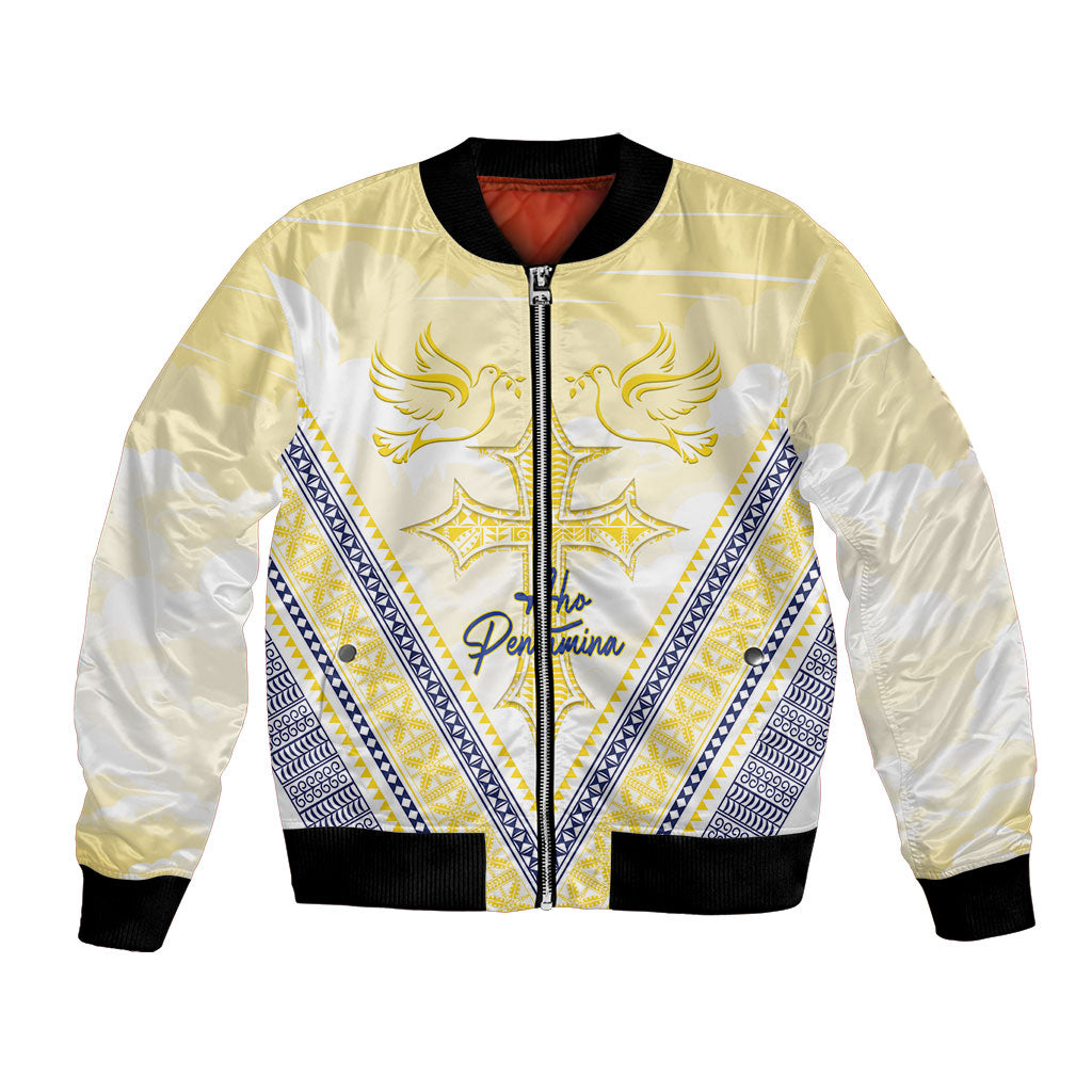 Peniamina Gospel Day Niue Bomber Jacket Cross Dove Hiapo Pattern Yellow LT14 Unisex Yellow - Polynesian Pride