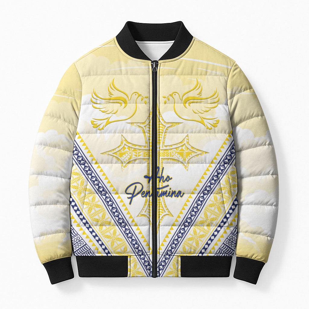 Peniamina Gospel Day Niue Bomber Puffer Jacket Cross Dove Hiapo Pattern Yellow LT14 Unisex Yellow - Polynesian Pride