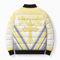 Peniamina Gospel Day Niue Bomber Puffer Jacket Cross Dove Hiapo Pattern Yellow LT14 - Polynesian Pride