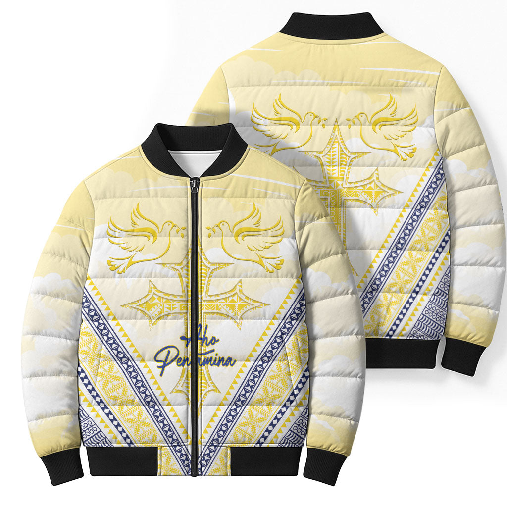 Peniamina Gospel Day Niue Bomber Puffer Jacket Cross Dove Hiapo Pattern Yellow LT14 - Polynesian Pride