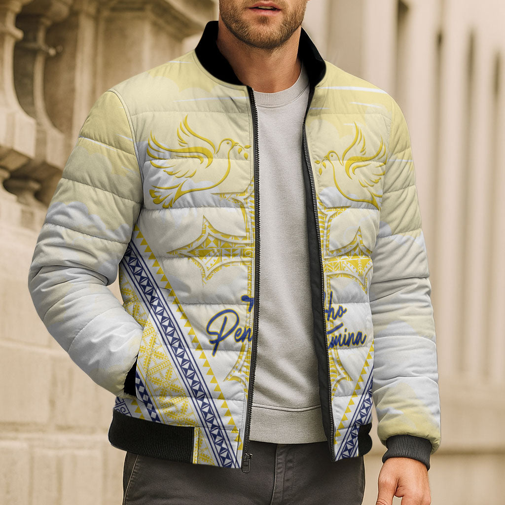 Peniamina Gospel Day Niue Bomber Puffer Jacket Cross Dove Hiapo Pattern Yellow LT14 - Polynesian Pride