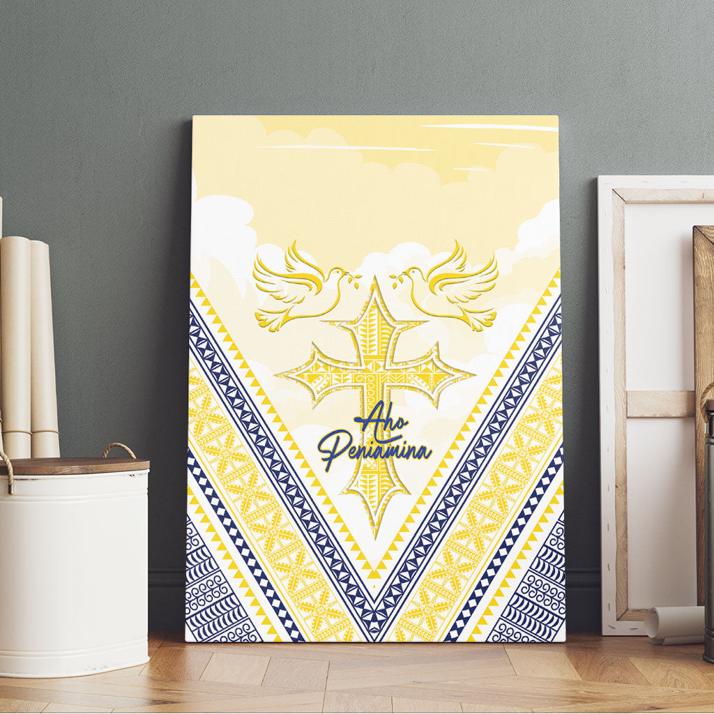 Peniamina Gospel Day Niue Canvas Wall Art Cross Dove Hiapo Pattern Yellow LT14 - Polynesian Pride