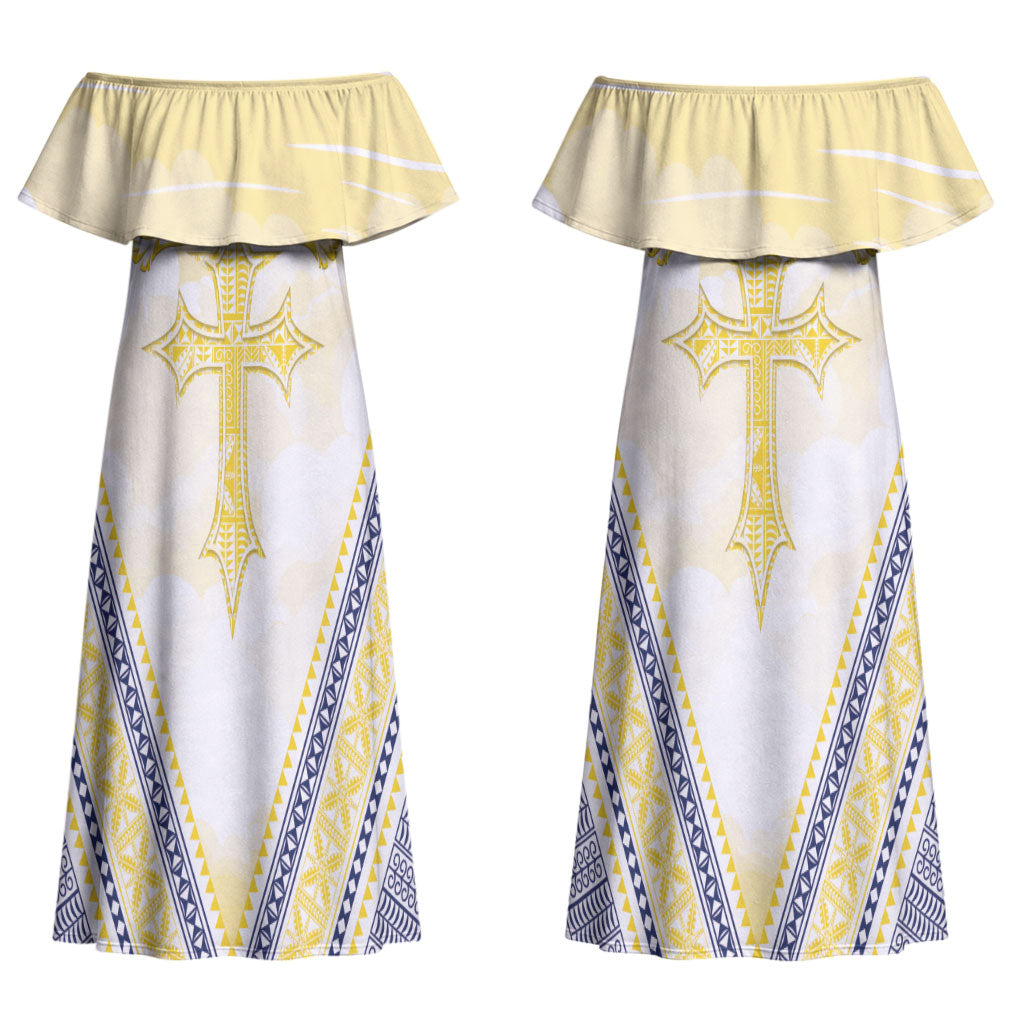 Peniamina Gospel Day Niue Couples Matching Off Shoulder Maxi Dress and Hawaiian Shirt Cross Dove Hiapo Pattern Yellow LT14 - Polynesian Pride