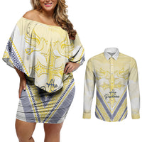 Peniamina Gospel Day Niue Couples Matching Off Shoulder Short Dress and Long Sleeve Button Shirt Cross Dove Hiapo Pattern Yellow LT14 Yellow - Polynesian Pride