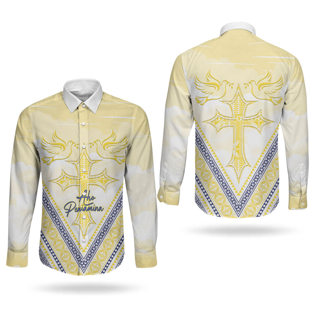 Peniamina Gospel Day Niue Couples Matching Off Shoulder Short Dress and Long Sleeve Button Shirt Cross Dove Hiapo Pattern Yellow LT14 - Polynesian Pride