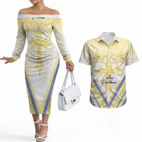 Peniamina Gospel Day Niue Couples Matching Off The Shoulder Long Sleeve Dress and Hawaiian Shirt Cross Dove Hiapo Pattern Yellow LT14 Yellow - Polynesian Pride