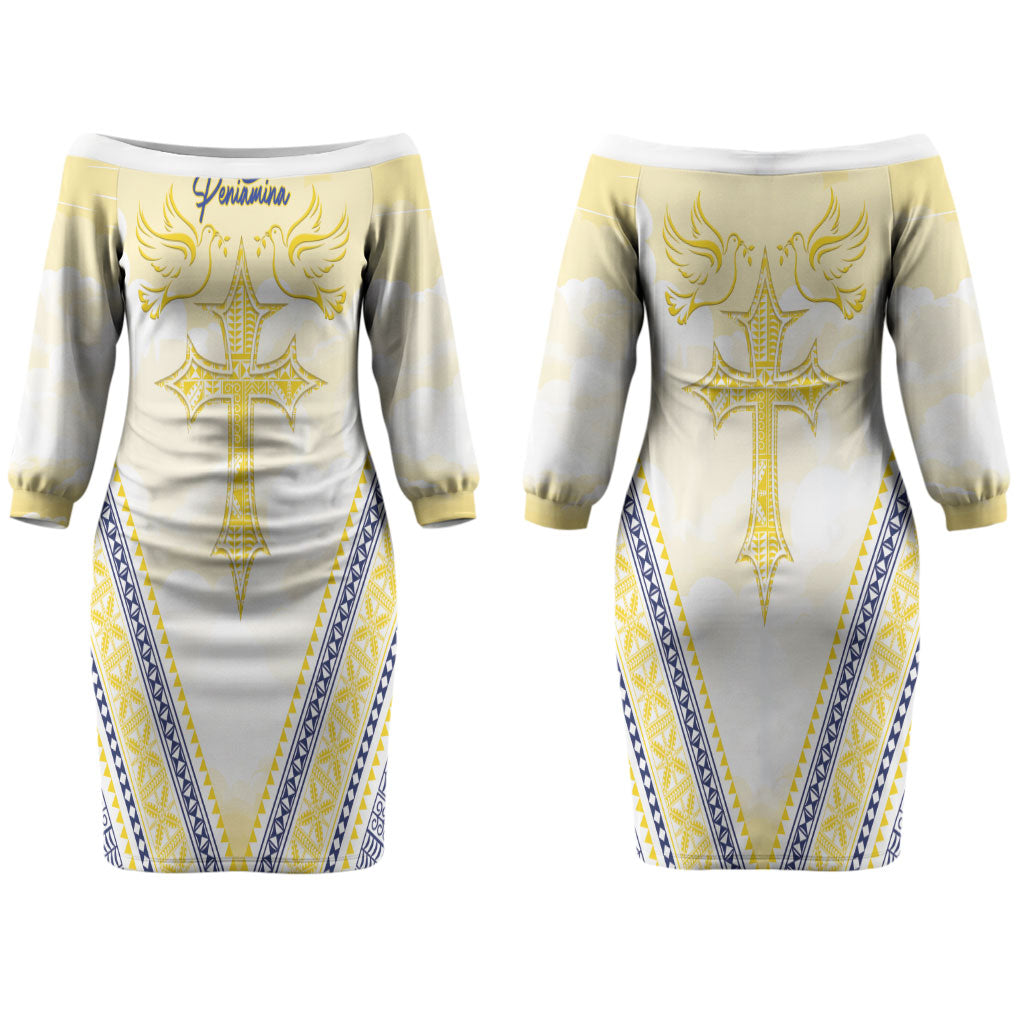 Peniamina Gospel Day Niue Couples Matching Off The Shoulder Long Sleeve Dress and Hawaiian Shirt Cross Dove Hiapo Pattern Yellow LT14 - Polynesian Pride