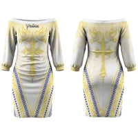 Peniamina Gospel Day Niue Couples Matching Off The Shoulder Long Sleeve Dress and Hawaiian Shirt Cross Dove Hiapo Pattern Yellow LT14 - Polynesian Pride
