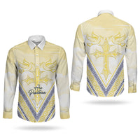 Peniamina Gospel Day Niue Couples Matching Off The Shoulder Long Sleeve Dress and Long Sleeve Button Shirt Cross Dove Hiapo Pattern Yellow LT14 - Polynesian Pride