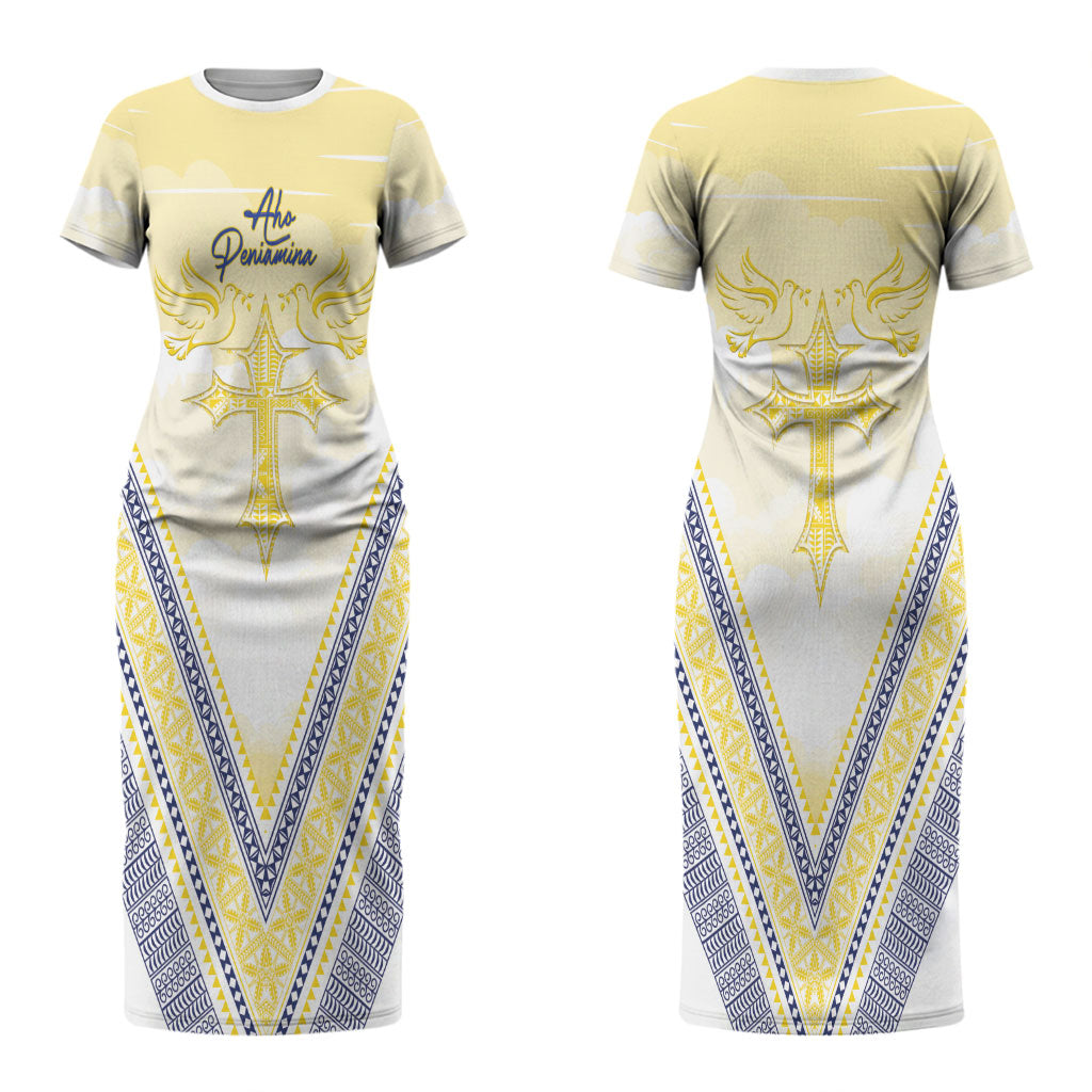 Peniamina Gospel Day Niue Couples Matching Short Sleeve Bodycon Dress and Hawaiian Shirt Cross Dove Hiapo Pattern Yellow LT14 - Polynesian Pride