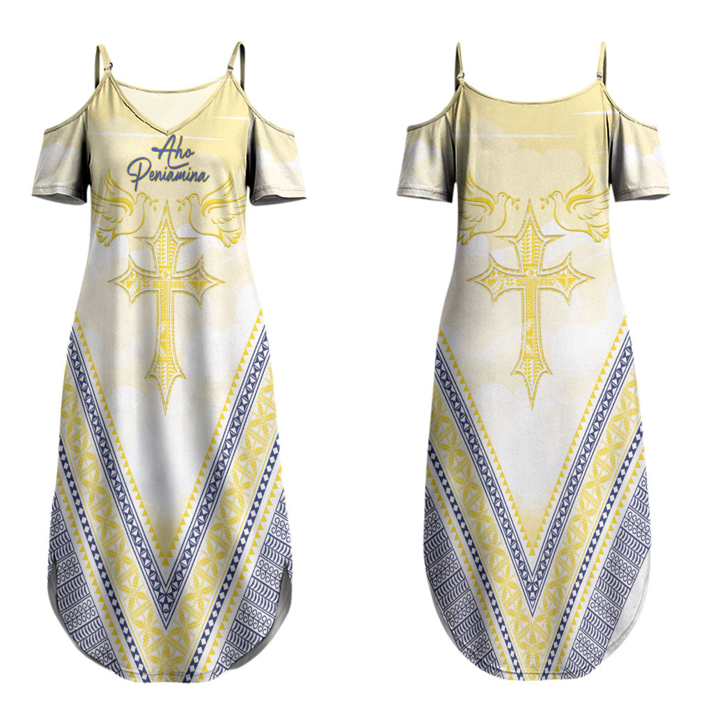 Peniamina Gospel Day Niue Couples Matching Summer Maxi Dress and Hawaiian Shirt Cross Dove Hiapo Pattern Yellow LT14 - Polynesian Pride