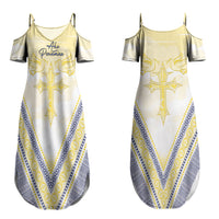 Peniamina Gospel Day Niue Couples Matching Summer Maxi Dress and Hawaiian Shirt Cross Dove Hiapo Pattern Yellow LT14 - Polynesian Pride