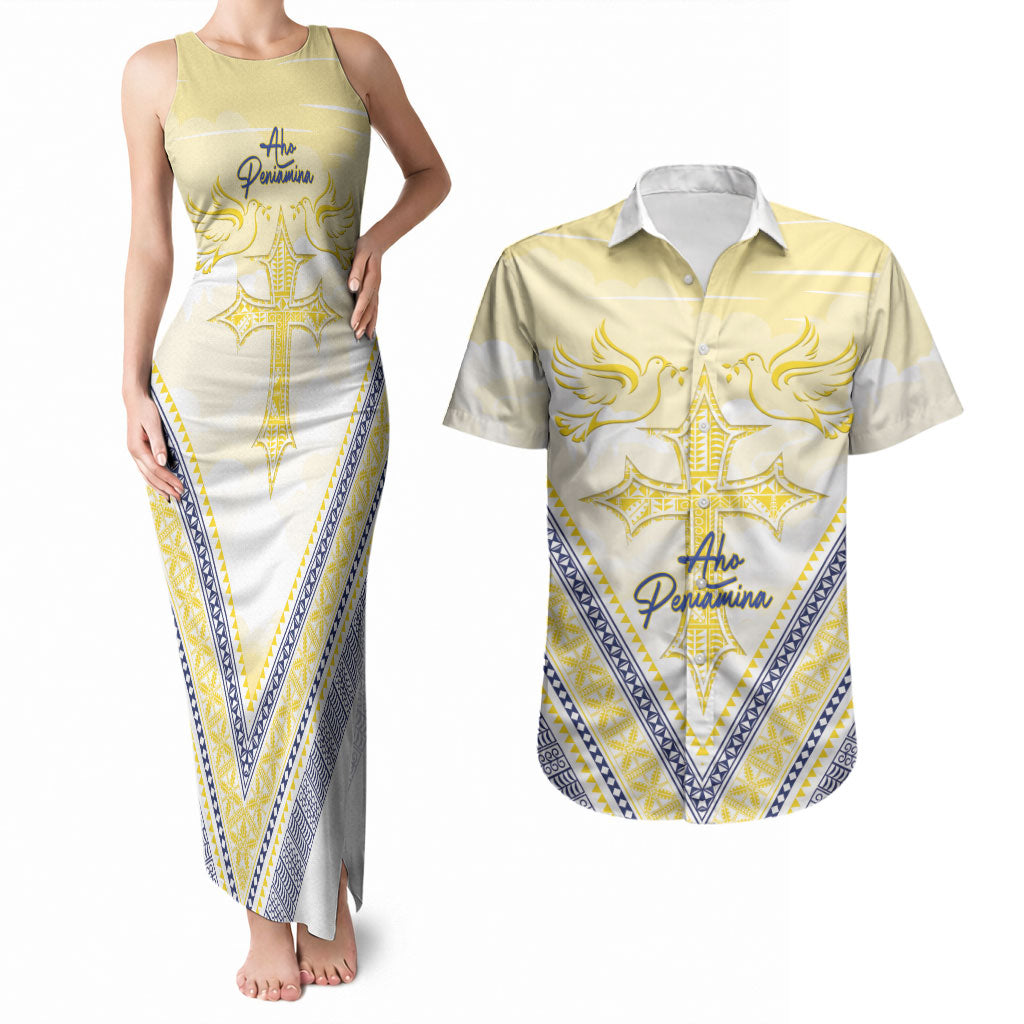 Peniamina Gospel Day Niue Couples Matching Tank Maxi Dress and Hawaiian Shirt Cross Dove Hiapo Pattern Yellow LT14 Yellow - Polynesian Pride