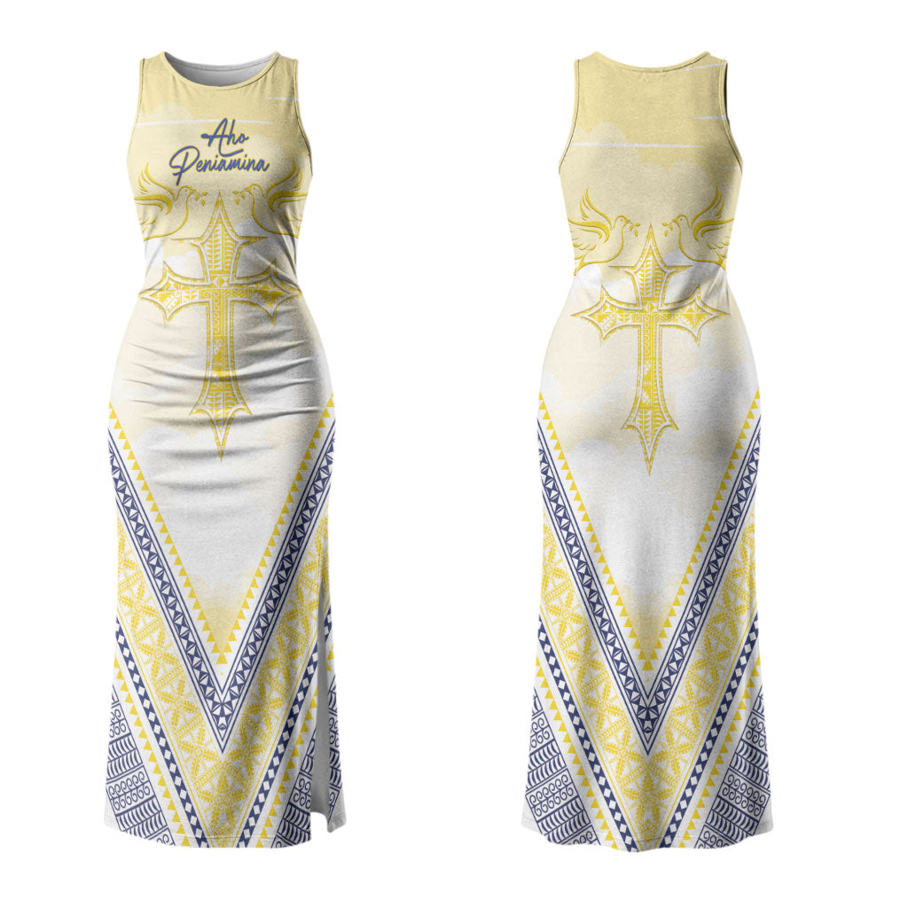 Peniamina Gospel Day Niue Couples Matching Tank Maxi Dress and Hawaiian Shirt Cross Dove Hiapo Pattern Yellow LT14 - Polynesian Pride