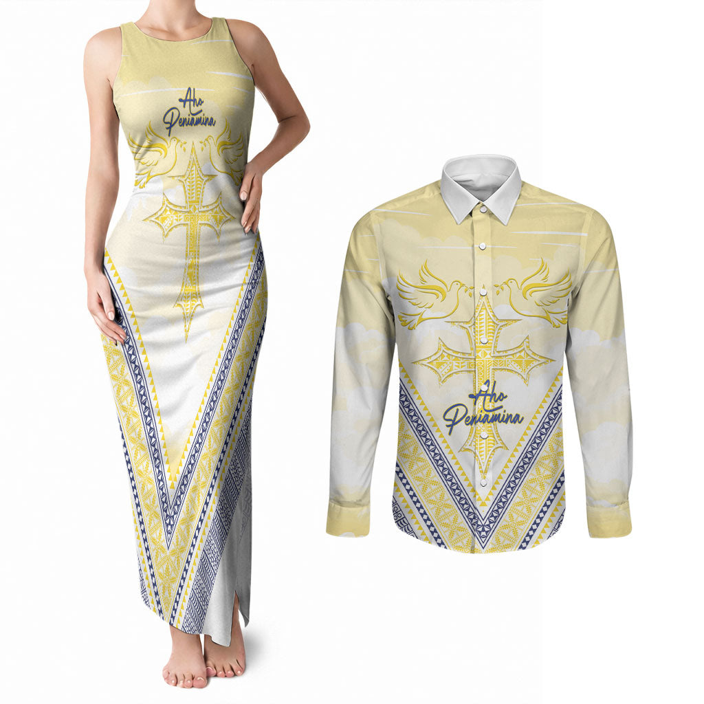 Peniamina Gospel Day Niue Couples Matching Tank Maxi Dress and Long Sleeve Button Shirt Cross Dove Hiapo Pattern Yellow LT14 Yellow - Polynesian Pride