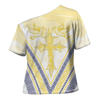 Peniamina Gospel Day Niue Cross Shoulder Shirt Cross Dove Hiapo Pattern Yellow LT14 - Polynesian Pride