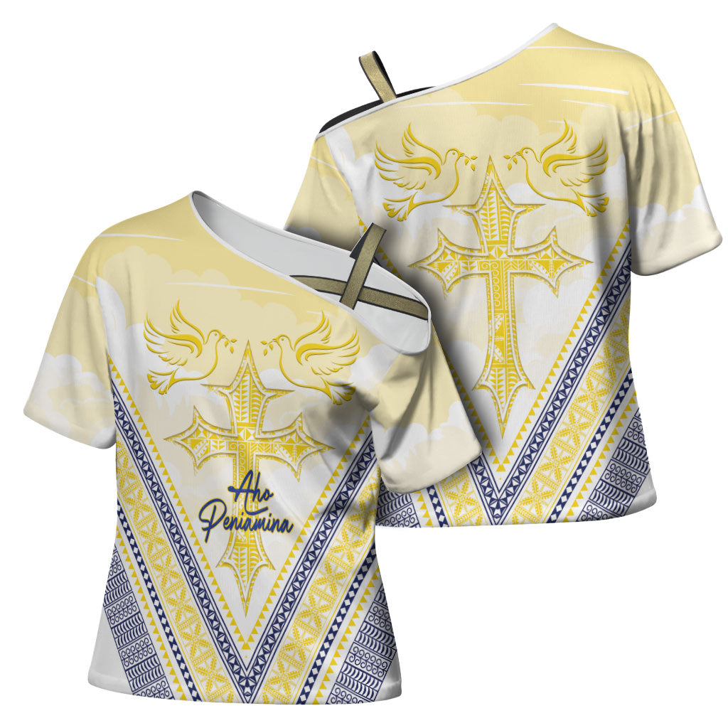 Peniamina Gospel Day Niue Cross Shoulder Shirt Cross Dove Hiapo Pattern Yellow LT14 - Polynesian Pride