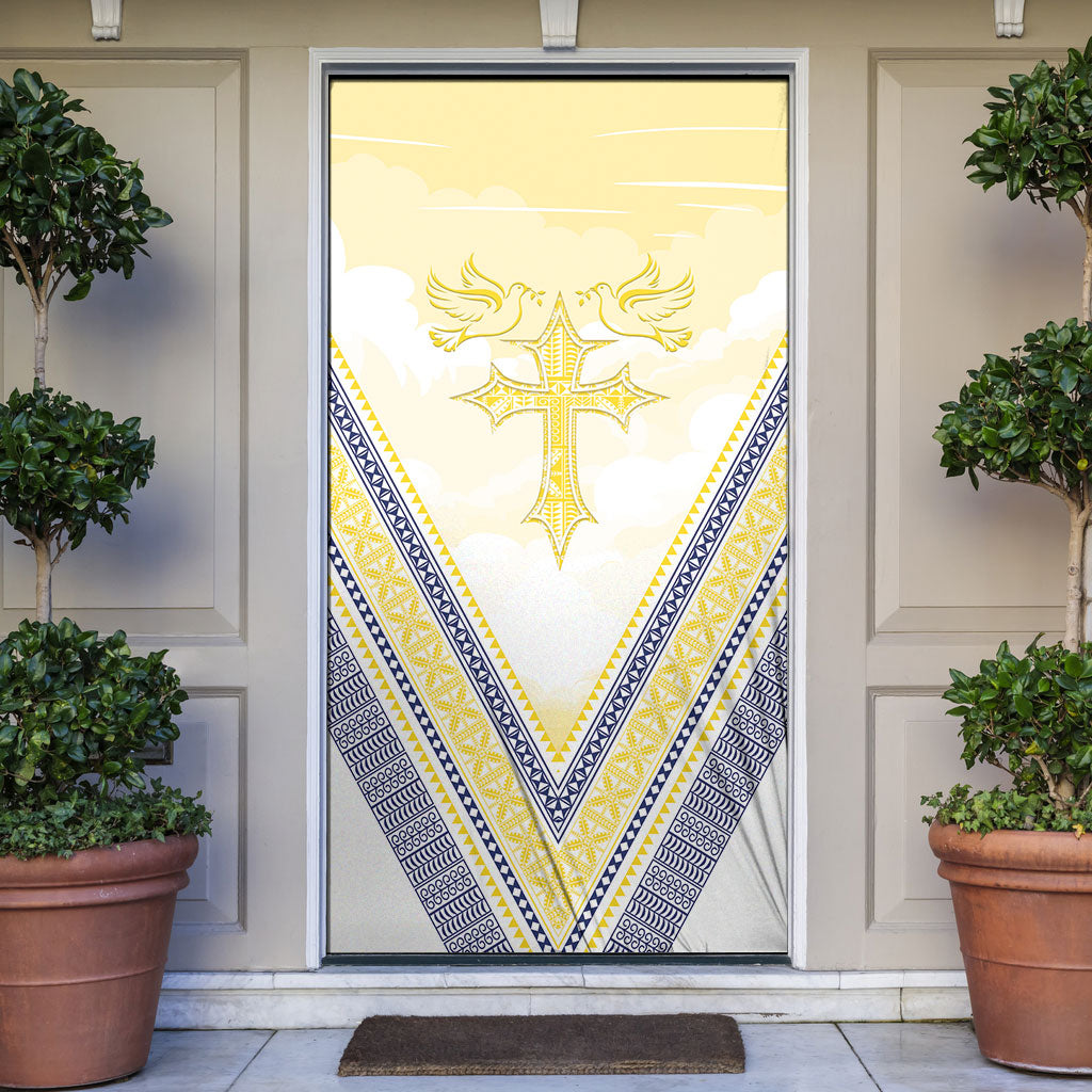 Peniamina Gospel Day Niue Door Cover Cross Dove Hiapo Pattern Yellow LT14 Yellow - Polynesian Pride