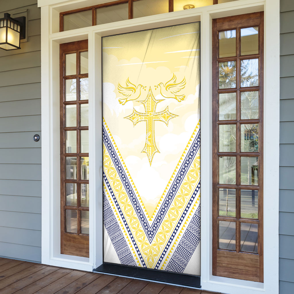 Peniamina Gospel Day Niue Door Cover Cross Dove Hiapo Pattern Yellow LT14 - Polynesian Pride