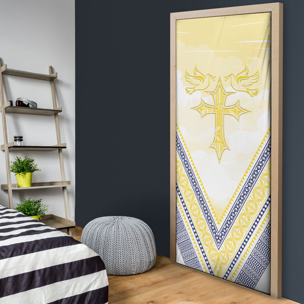 Peniamina Gospel Day Niue Door Cover Cross Dove Hiapo Pattern Yellow LT14 - Polynesian Pride