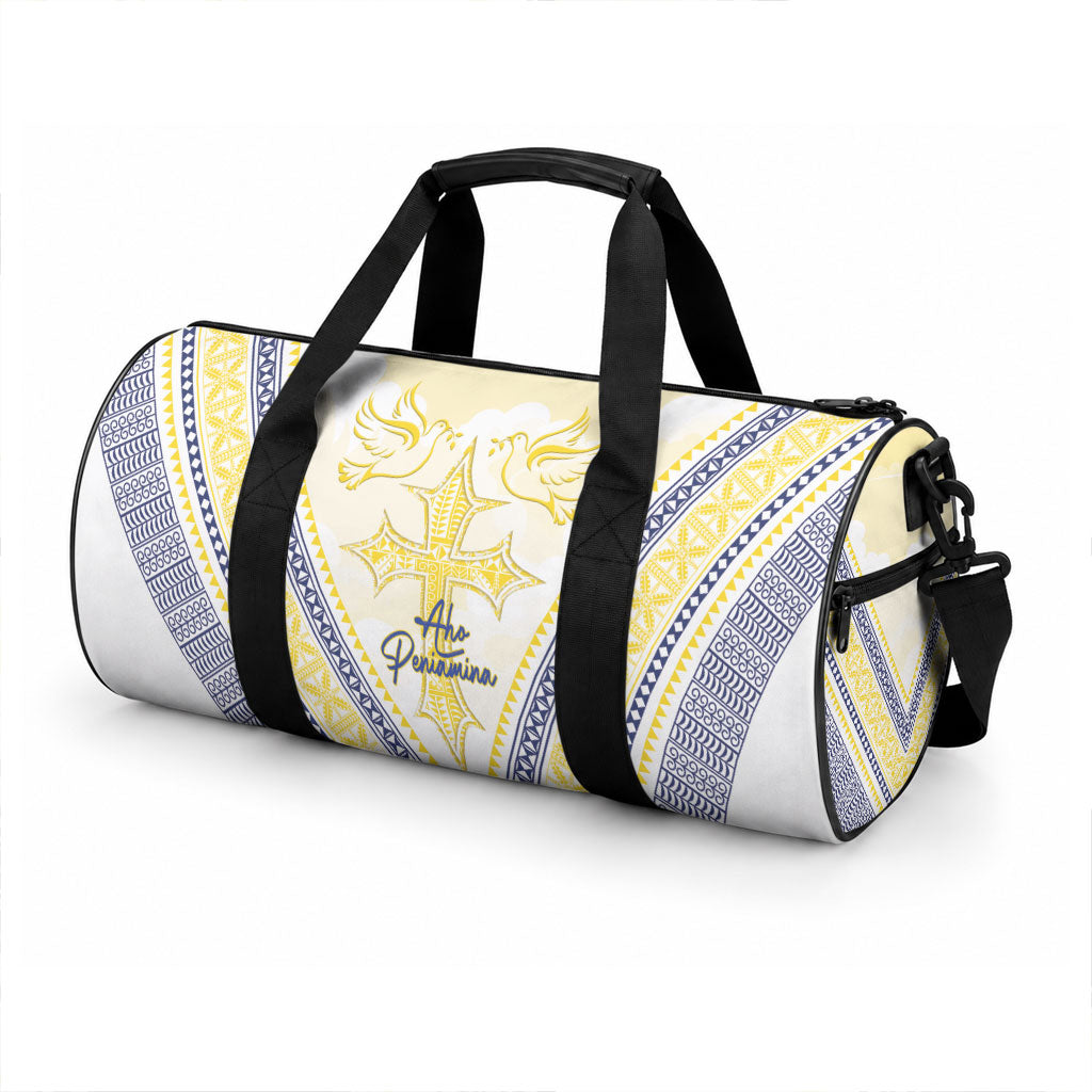 Peniamina Gospel Day Niue Duffle Bag Cross Dove Hiapo Pattern Yellow