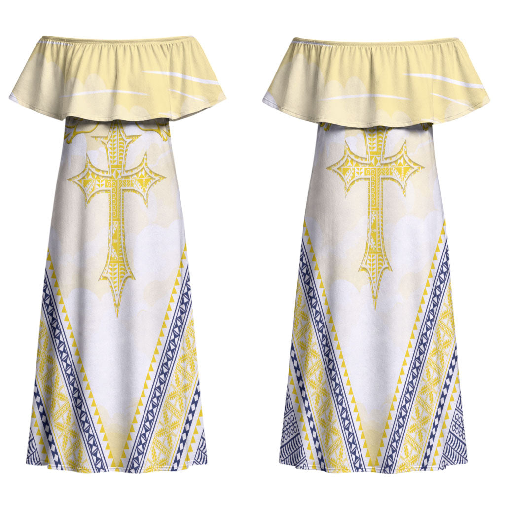 Peniamina Gospel Day Niue Family Matching Off Shoulder Maxi Dress and Hawaiian Shirt Cross Dove Hiapo Pattern Yellow LT14 Mom's Dress Yellow - Polynesian Pride