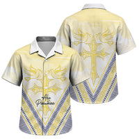 Peniamina Gospel Day Niue Family Matching Off Shoulder Short Dress and Hawaiian Shirt Cross Dove Hiapo Pattern Yellow LT14 Son's Shirt Yellow - Polynesian Pride