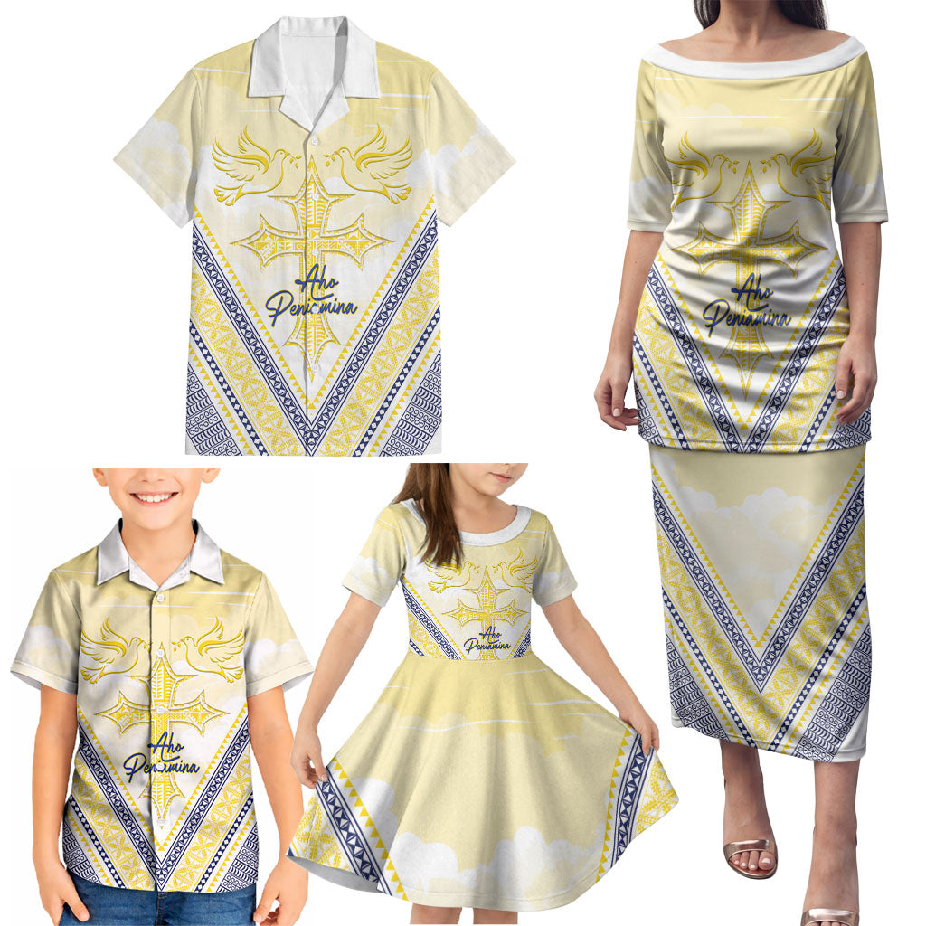 Peniamina Gospel Day Niue Family Matching Puletasi and Hawaiian Shirt Cross Dove Hiapo Pattern Yellow LT14 - Polynesian Pride