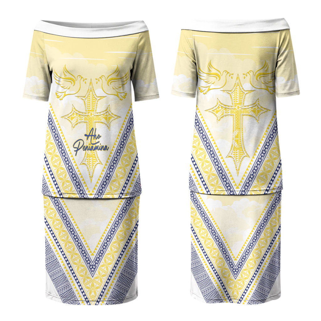 Peniamina Gospel Day Niue Family Matching Puletasi and Hawaiian Shirt Cross Dove Hiapo Pattern Yellow LT14 Mom's Dress Yellow - Polynesian Pride