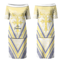 Peniamina Gospel Day Niue Family Matching Puletasi and Hawaiian Shirt Cross Dove Hiapo Pattern Yellow LT14 Mom's Dress Yellow - Polynesian Pride