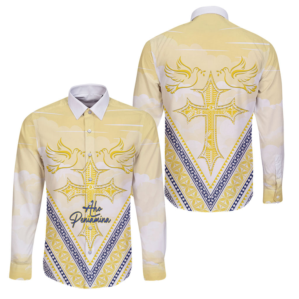 Peniamina Gospel Day Niue Family Matching Puletasi and Hawaiian Shirt Cross Dove Hiapo Pattern Yellow LT14 Dad's Shirt - Long Sleeve Yellow - Polynesian Pride
