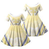 Peniamina Gospel Day Niue Family Matching Puletasi and Hawaiian Shirt Cross Dove Hiapo Pattern Yellow LT14 Daughter's Dress Yellow - Polynesian Pride