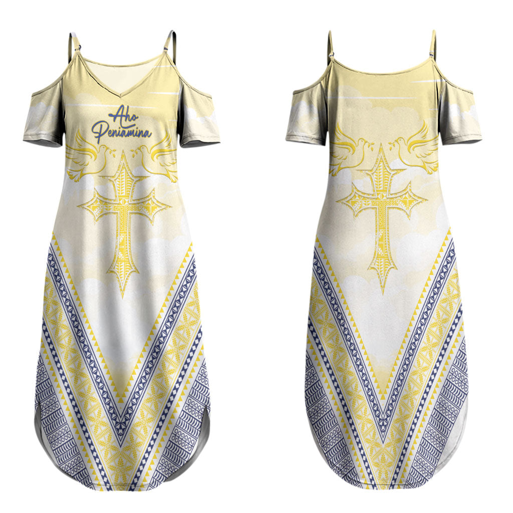 Peniamina Gospel Day Niue Family Matching Summer Maxi Dress and Hawaiian Shirt Cross Dove Hiapo Pattern Yellow LT14 Mom's Dress Yellow - Polynesian Pride