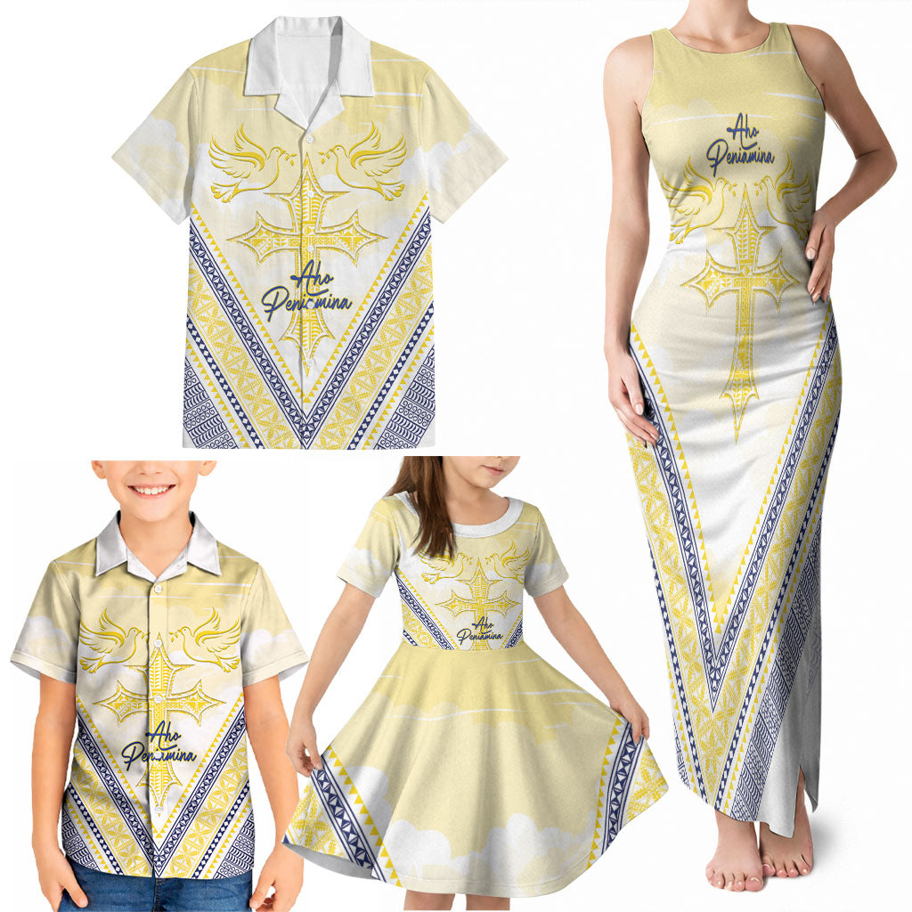 Peniamina Gospel Day Niue Family Matching Tank Maxi Dress and Hawaiian Shirt Cross Dove Hiapo Pattern Yellow LT14 - Polynesian Pride