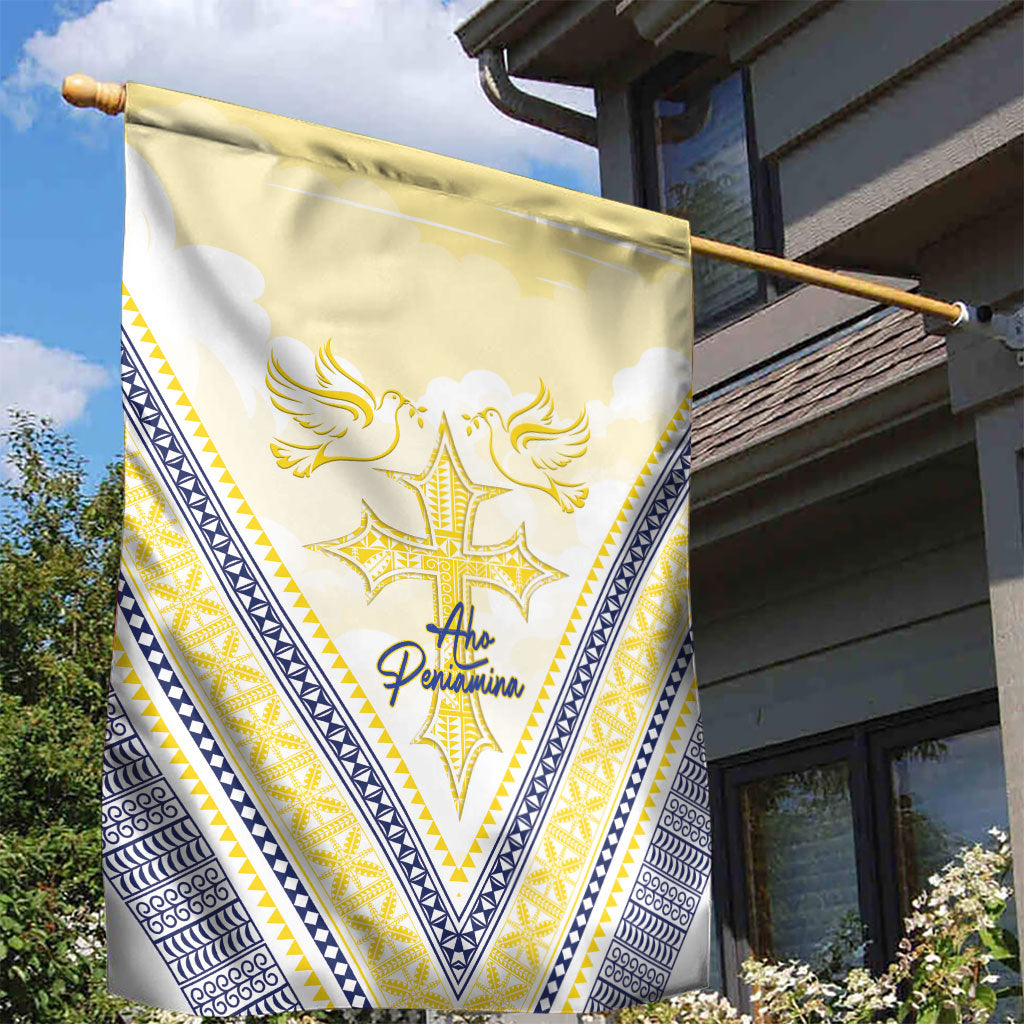 Peniamina Gospel Day Niue Garden Flag Cross Dove Hiapo Pattern Yellow LT14 - Polynesian Pride