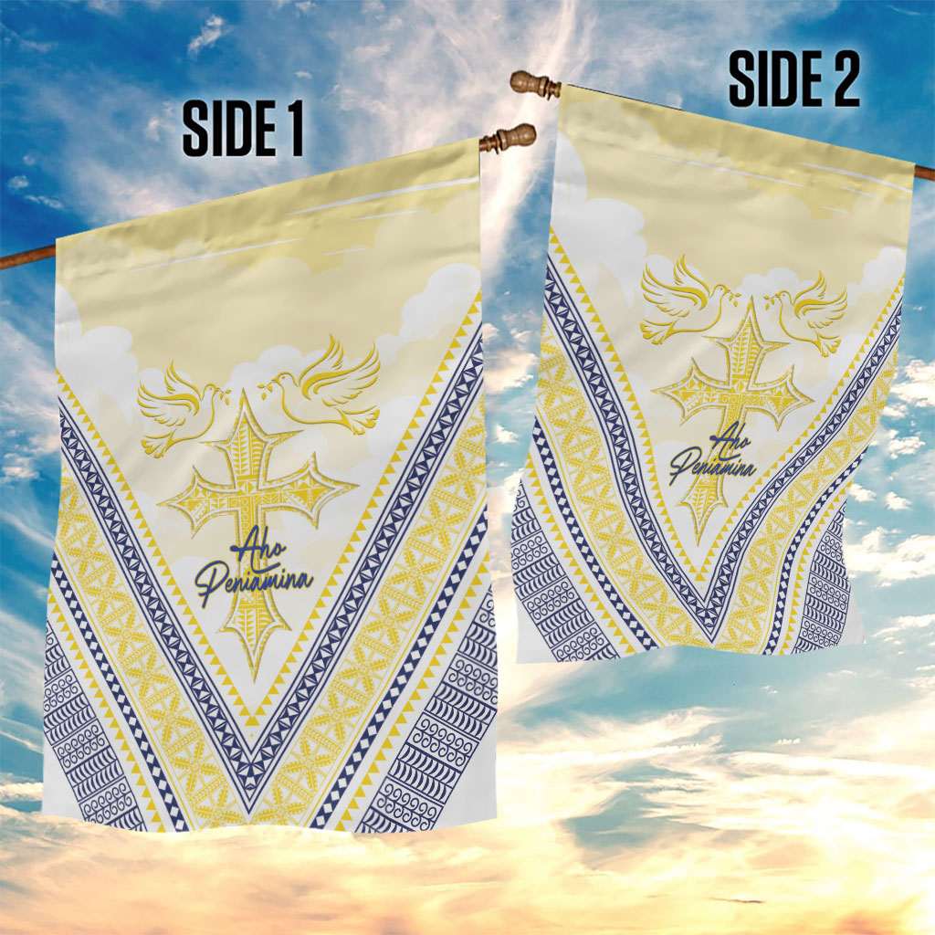 Peniamina Gospel Day Niue Garden Flag Cross Dove Hiapo Pattern Yellow LT14 - Polynesian Pride