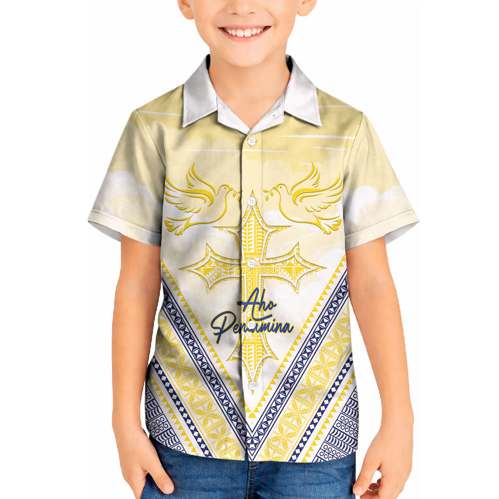 Peniamina Gospel Day Niue Kid Hawaiian Shirt Cross Dove Hiapo Pattern Yellow LT14 Kid Yellow - Polynesian Pride