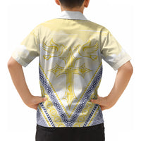 Peniamina Gospel Day Niue Kid Hawaiian Shirt Cross Dove Hiapo Pattern Yellow LT14 - Polynesian Pride