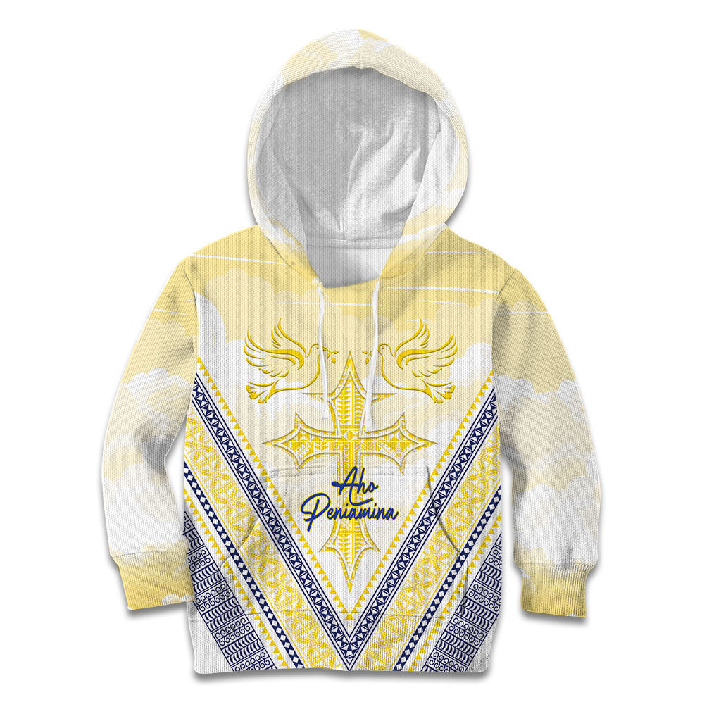 Peniamina Gospel Day Niue Kid Hoodie Cross Dove Hiapo Pattern Yellow LT14 Hoodie Yellow - Polynesian Pride