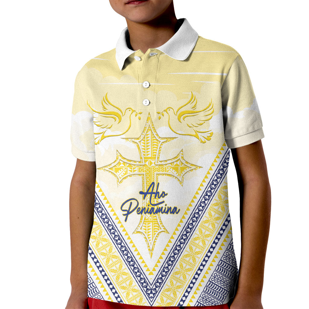 Peniamina Gospel Day Niue Kid Polo Shirt Cross Dove Hiapo Pattern Yellow LT14 Kid Yellow - Polynesian Pride