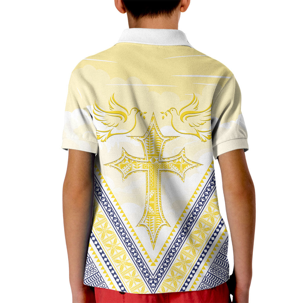 Peniamina Gospel Day Niue Kid Polo Shirt Cross Dove Hiapo Pattern Yellow LT14 - Polynesian Pride