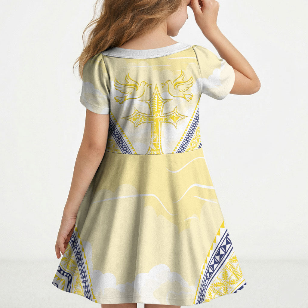Peniamina Gospel Day Niue Kid Short Sleeve Dress Cross Dove Hiapo Pattern Yellow LT14 - Polynesian Pride