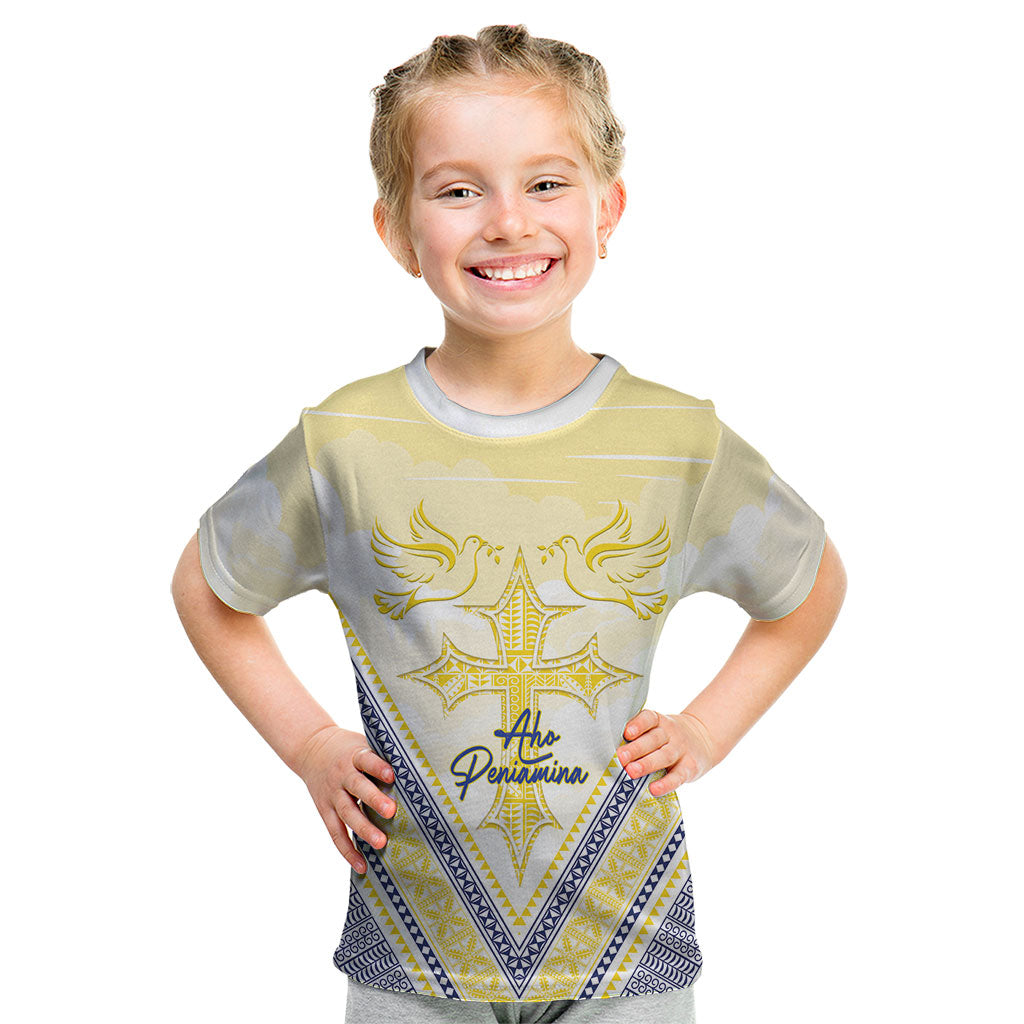 Peniamina Gospel Day Niue Kid T Shirt Cross Dove Hiapo Pattern Yellow LT14 Yellow - Polynesian Pride